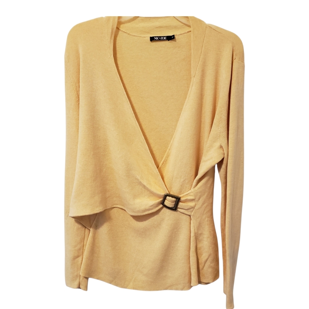 Nic+Zoe Faux Wrap Buckled Soft Knit Sweater Women's Size Large Yellow